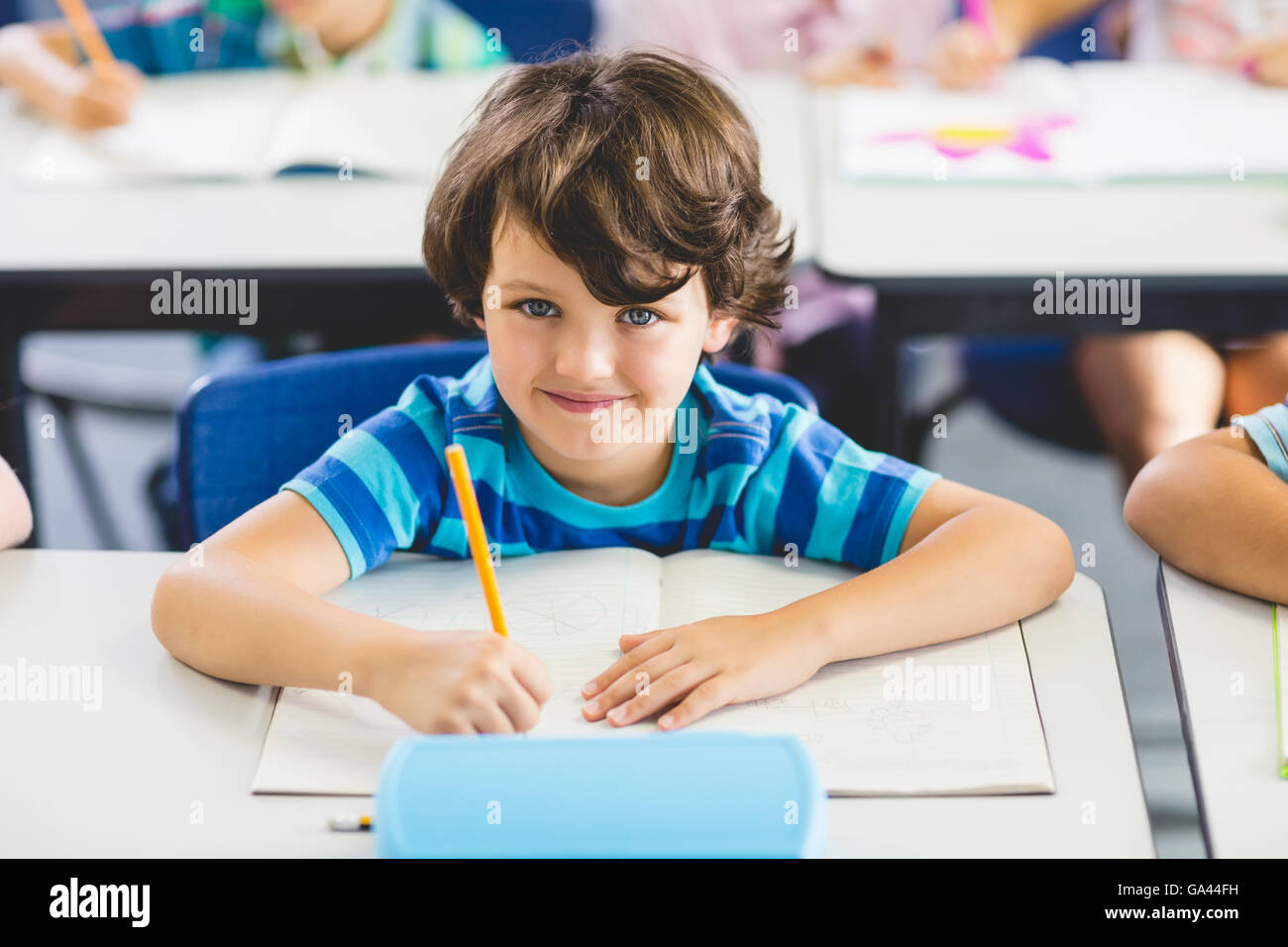 Portrait of schoolboy studying in classroom Stock Photo - Alamy