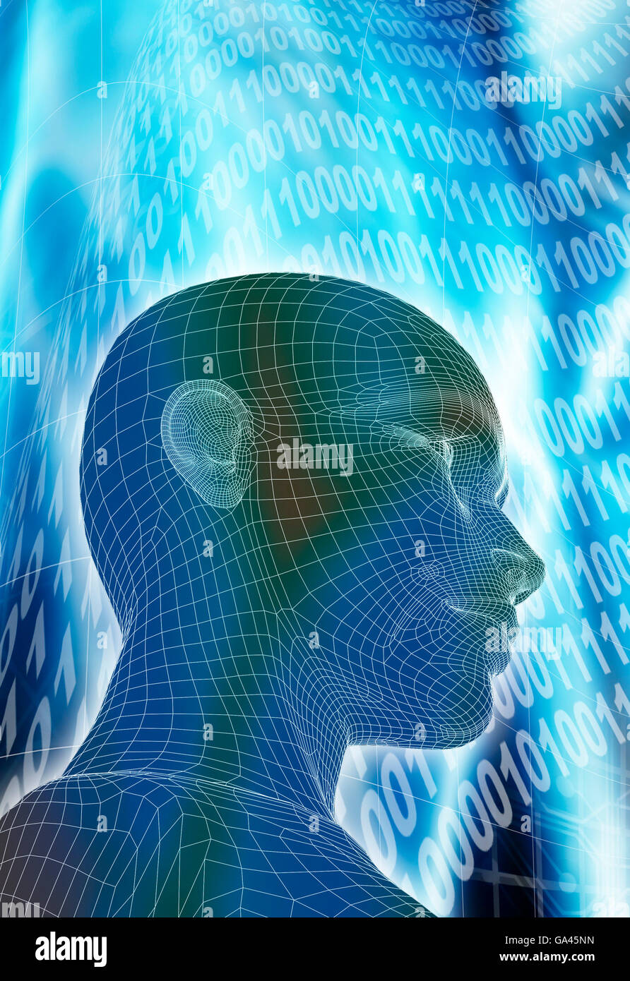 female humanoid in wireframe against an abstract futuristic background, artificial intelligence and technological singularity concept Stock Photo