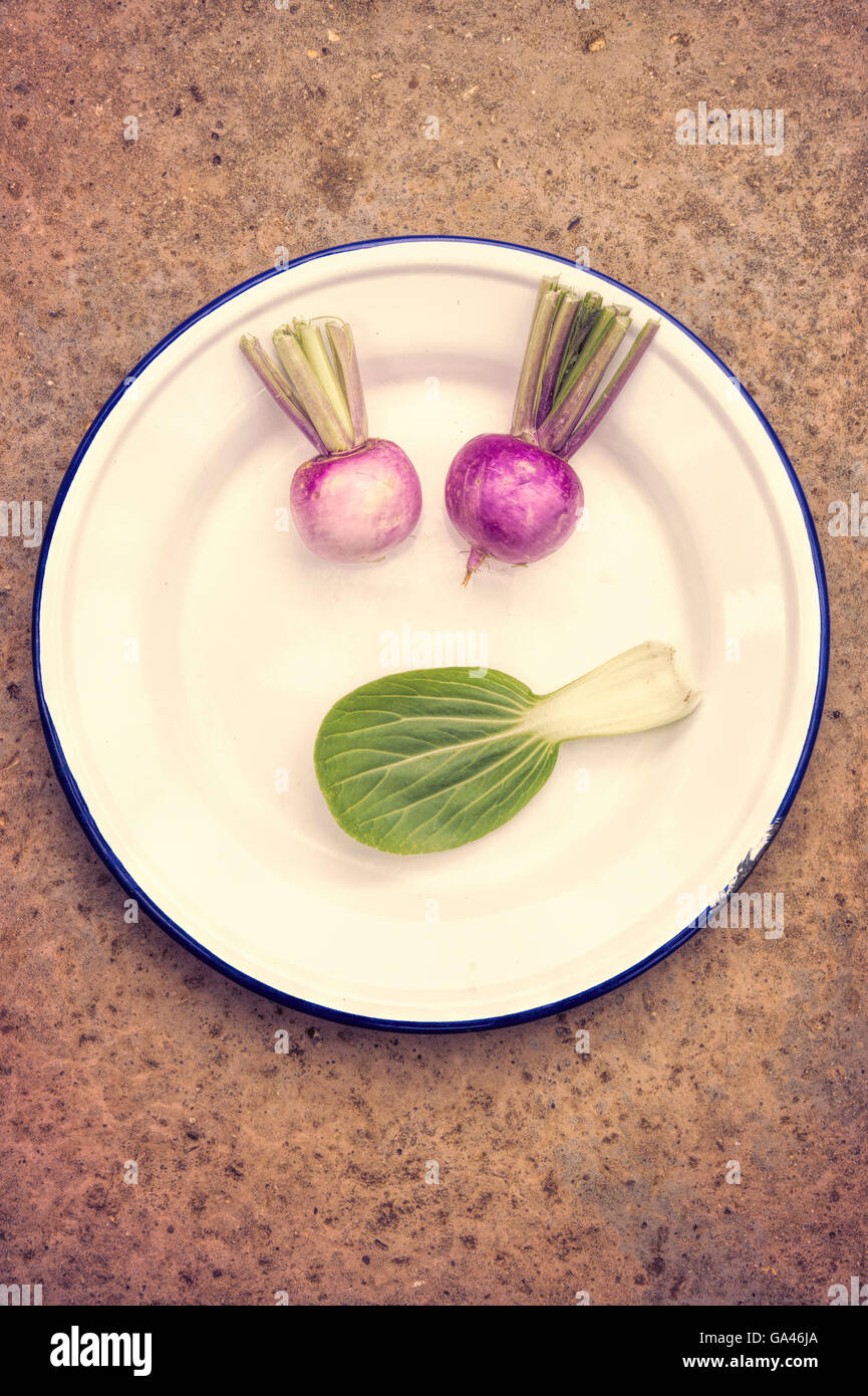 Mini Turnip and pak choi face plate. Retro Style Stock Photo