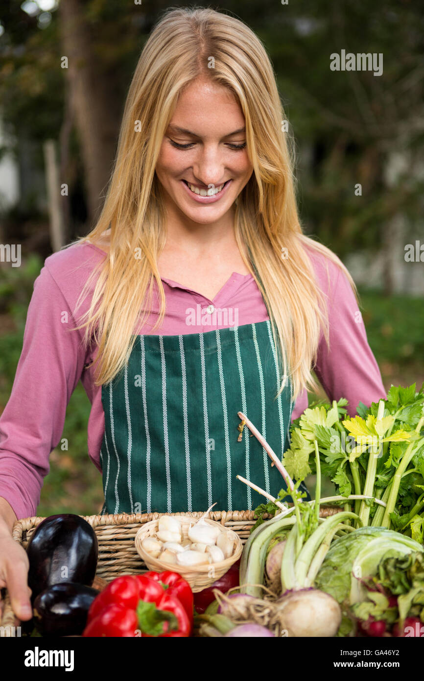 Happy gardener with fresh vegetables in basket at garden Stock Photo ...
