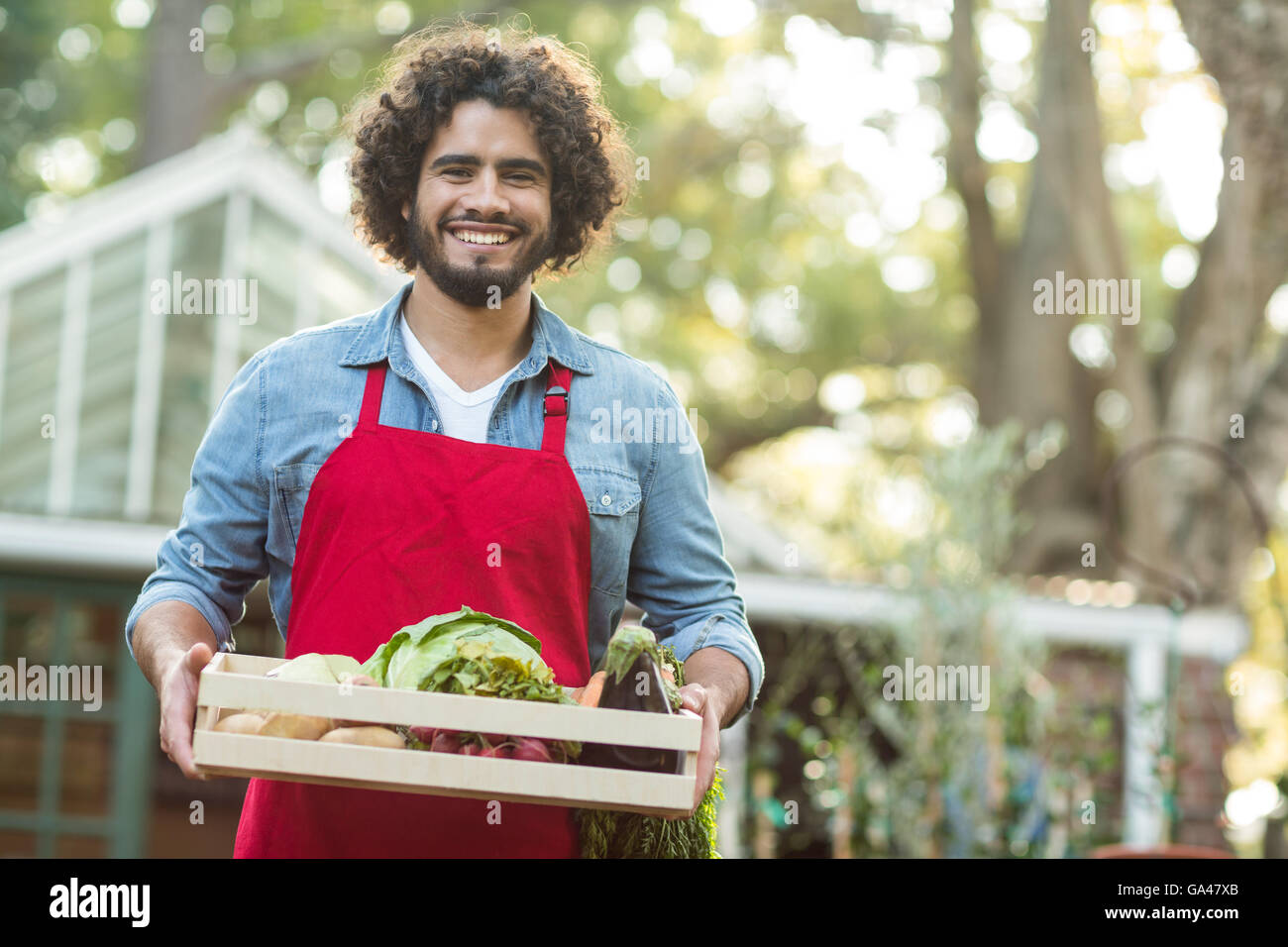 Male gardener holding vegetables crate outside greenhouse Stock Photo