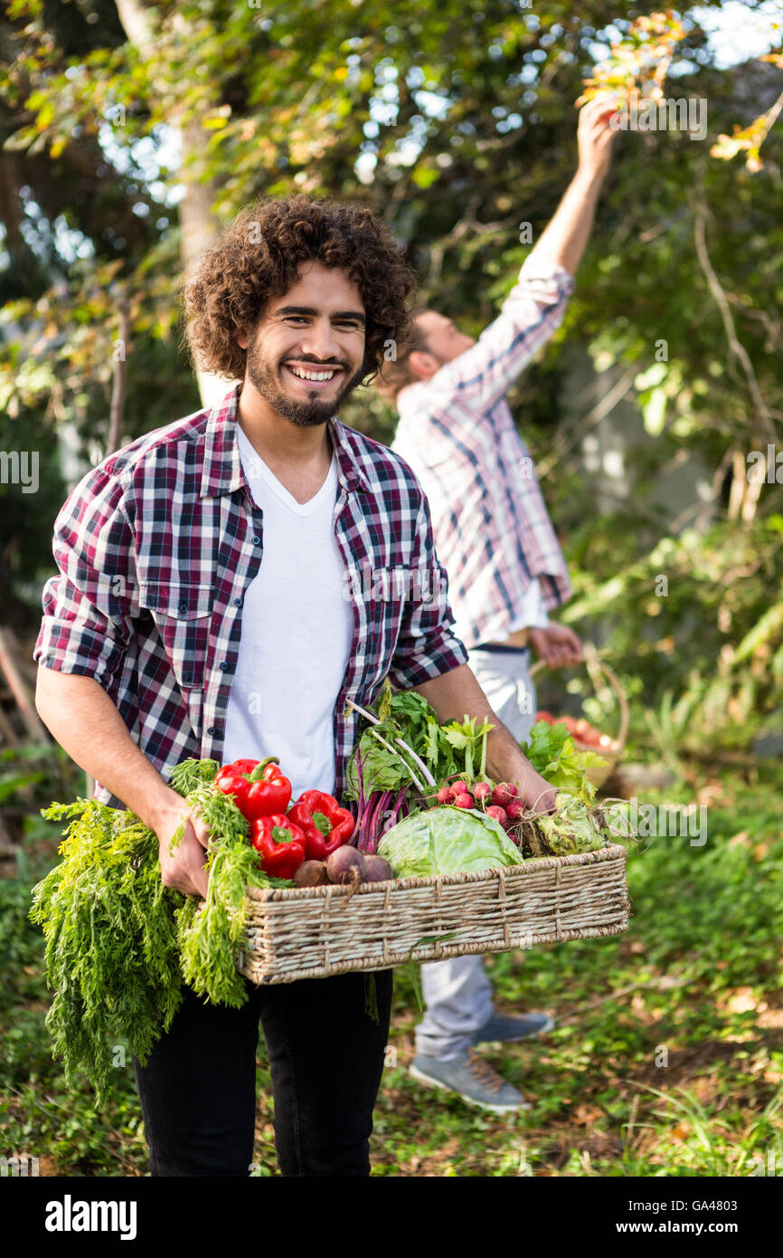 Portrait of happy hipster gardener with vegetables and colleague at ...