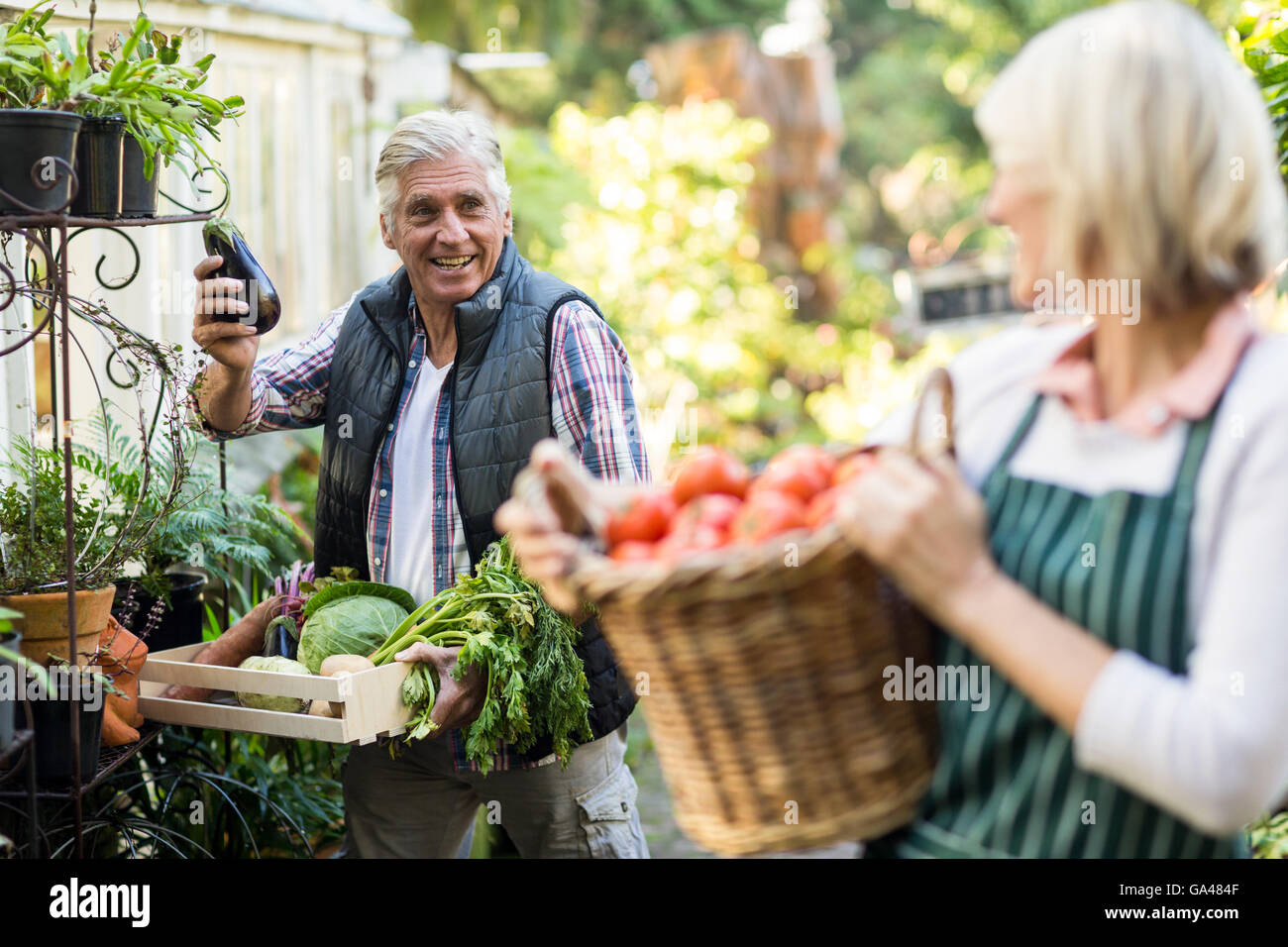 Male gardener with vegetables looking at woman Stock Photo
