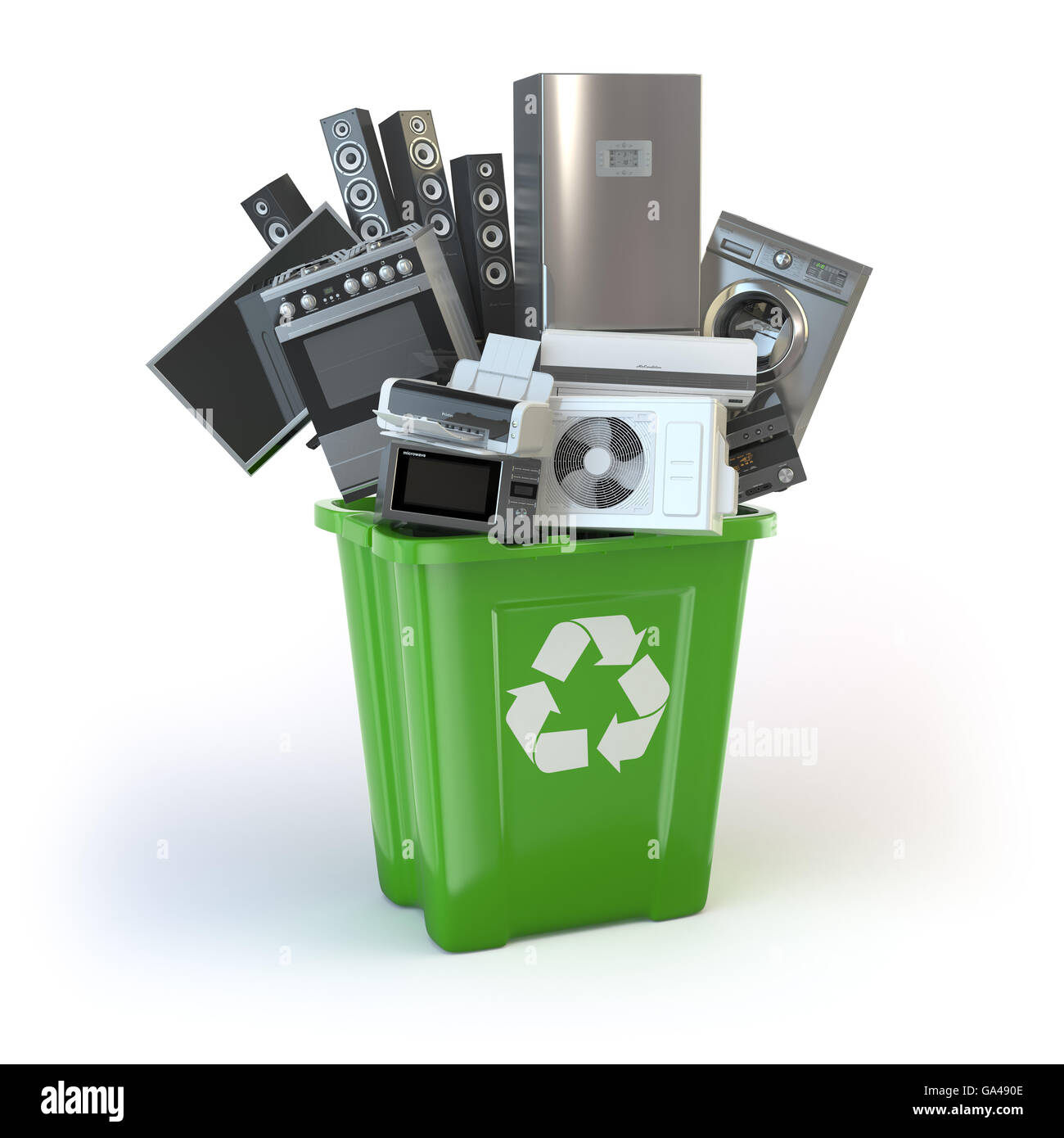Old kitchen appliances in the rubbish bin isolated on white. Time to change home technics. Recycling concept. 3d illustration Stock Photo