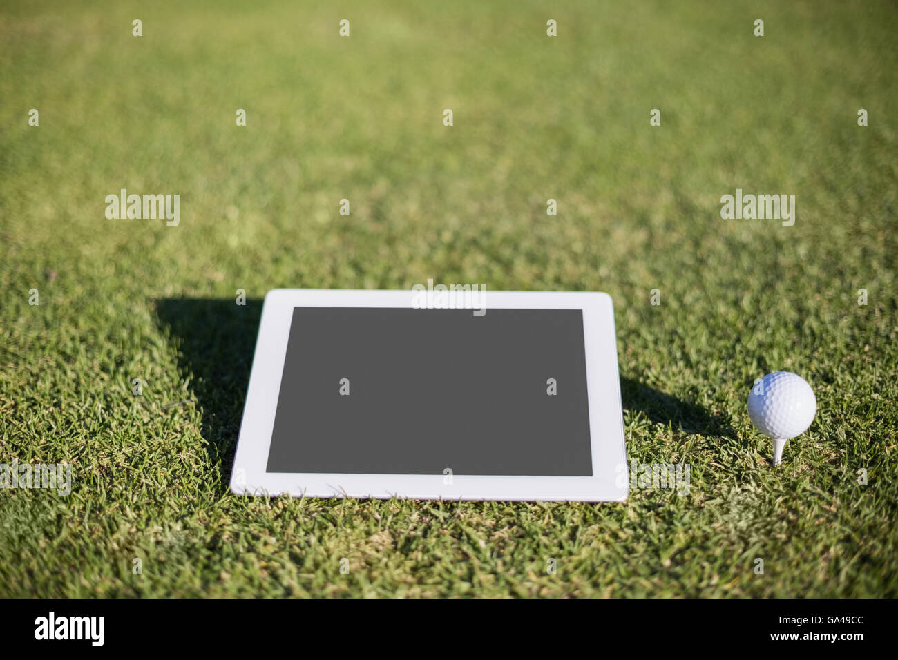 Close-up of golf ball on tee by digital tablet Stock Photo