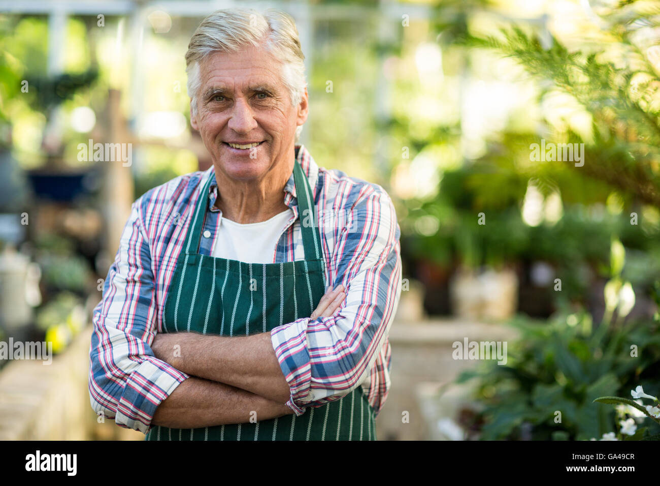Confident male gardener against greenhouse Stock Photo