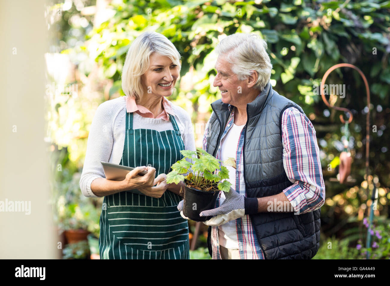 Gardeners standing with potted plant and clipboard Stock Photo - Alamy