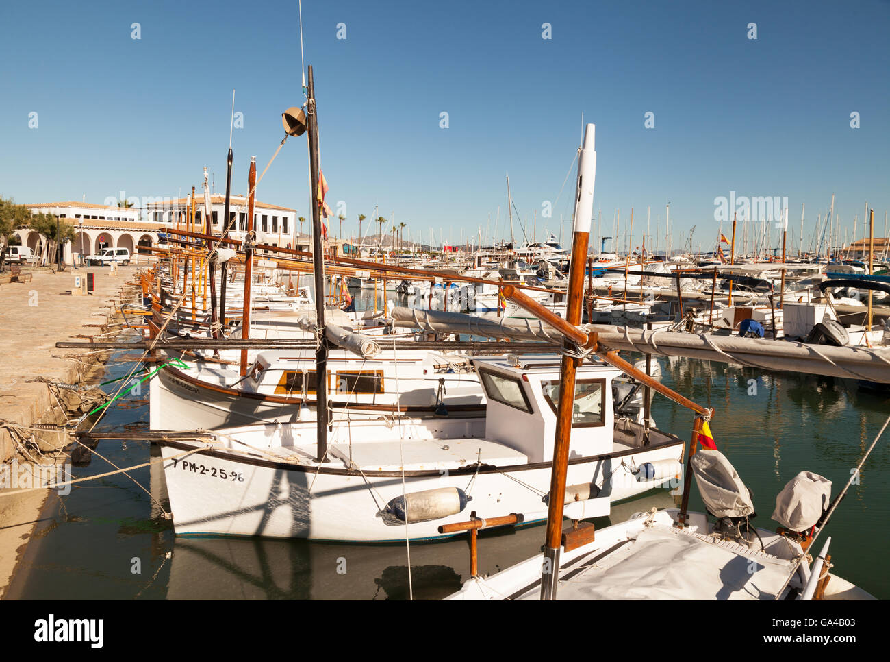 Traditional mallorcan fishing boats, Puerto Pollensa harbour, Puerto Pollensa, north Mallorca ( Majorca ), Spain, Europe Stock Photo