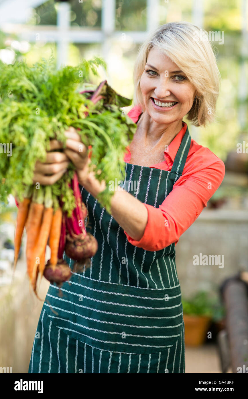 Smiling gardener holding fresh carrots at greenhouse Stock Photo - Alamy