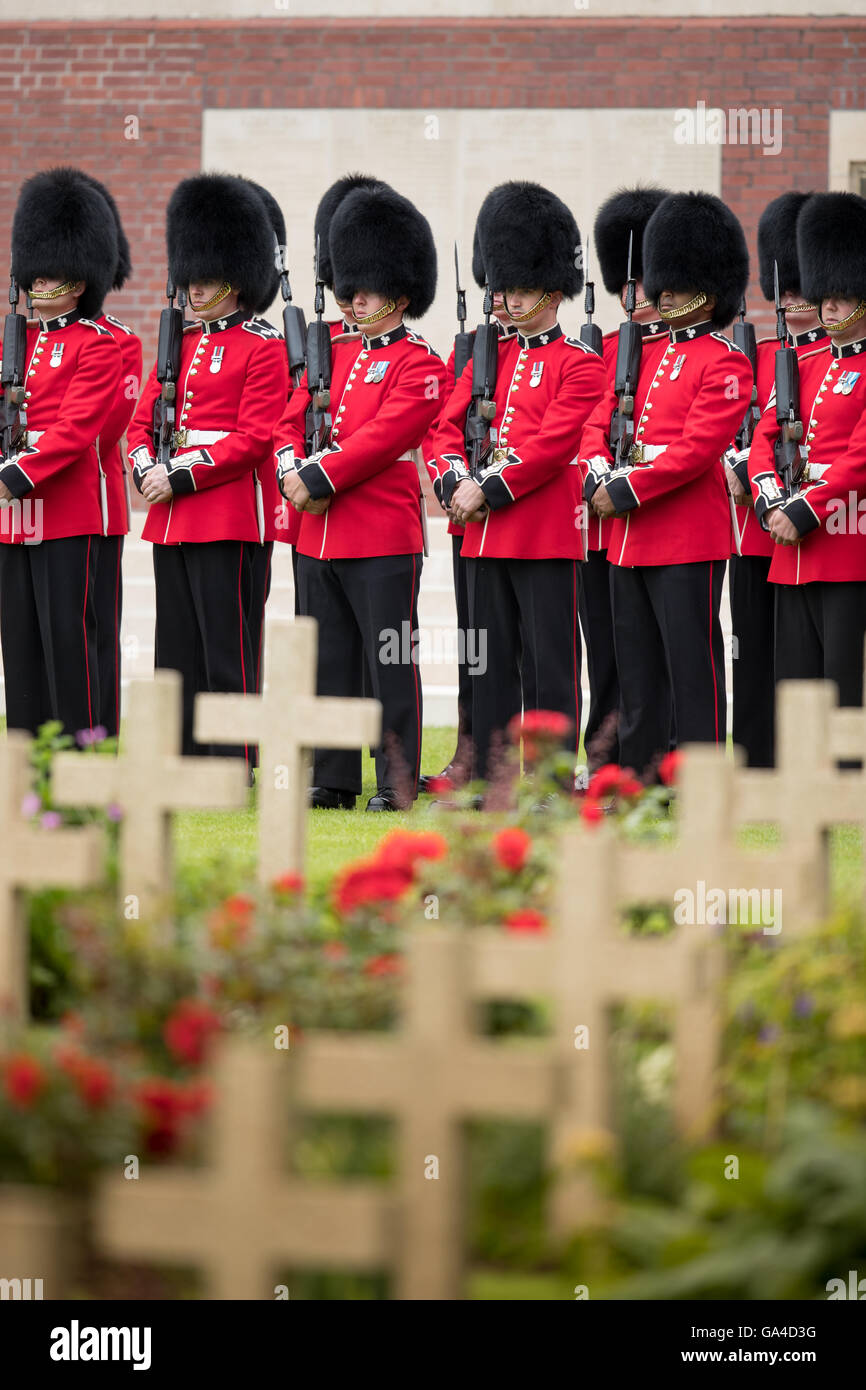 The Irish Guards form a guard of honour during the ceremony marking the 100th anniversary of the Battle of the Somme, Theipval. Stock Photo