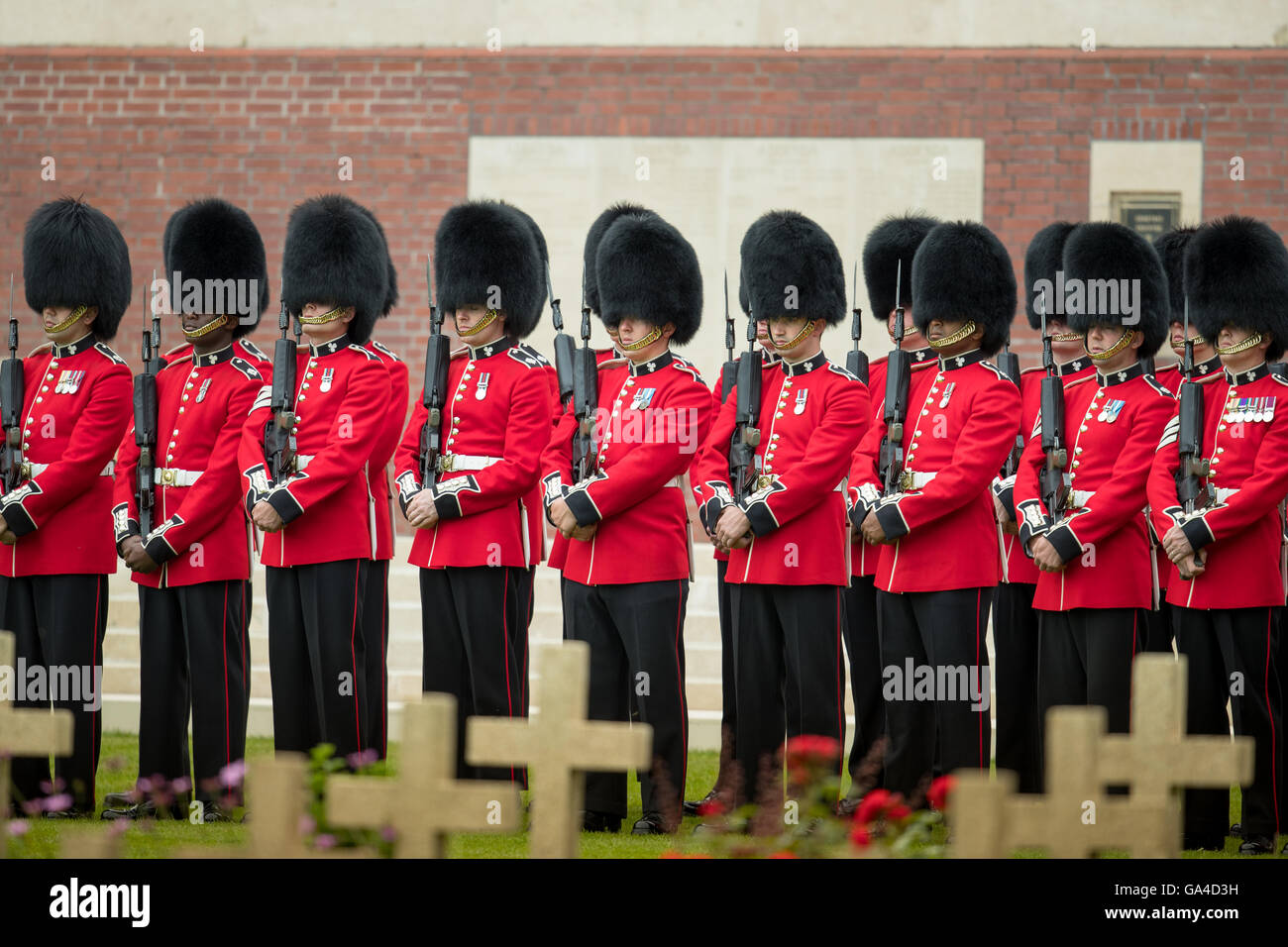 The Irish Guards form a guard of honour during the ceremony marking the 100th anniversary of the Battle of the Somme, Theipval. Stock Photo