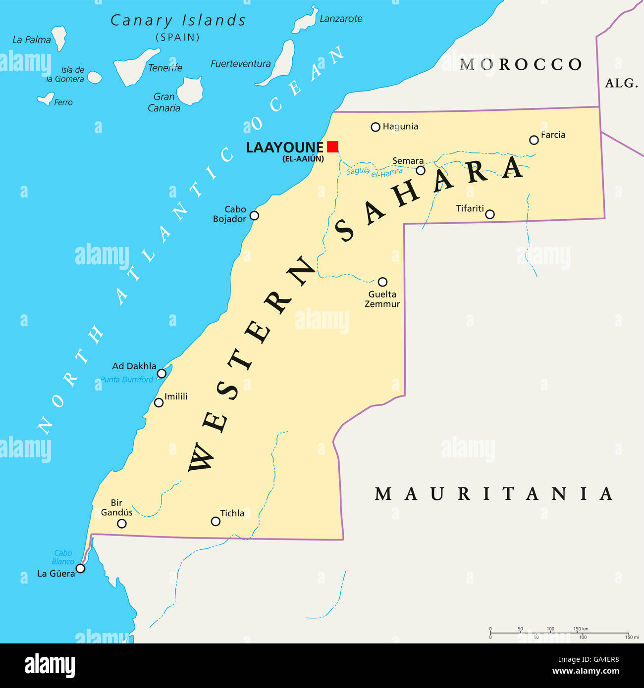 Western Sahara political map with capital Laayoune, national borders, important places and rivers. English labeling. Stock Photo