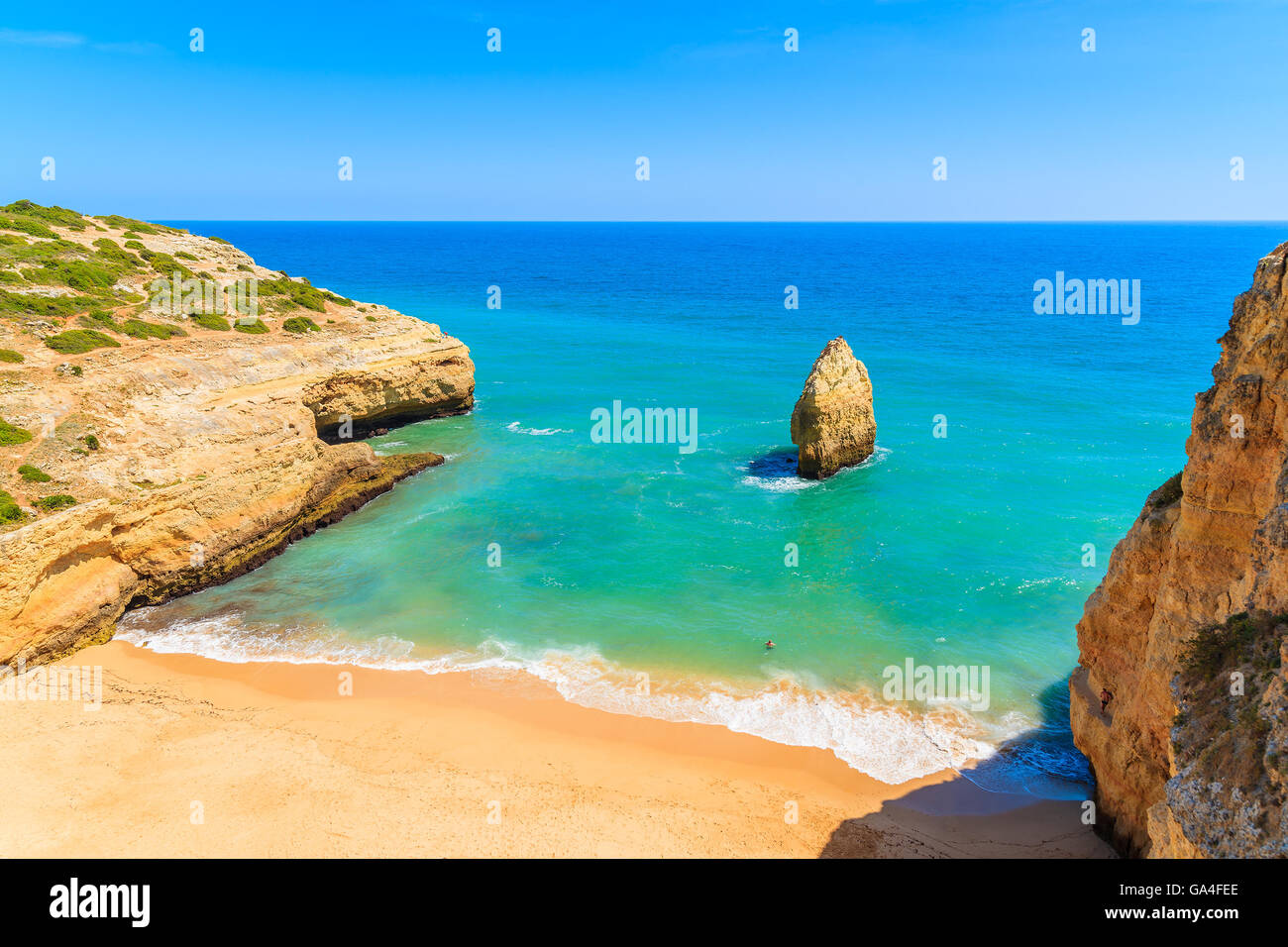 A view of beautiful sandy beach from high vantage point near Carvoeiro town, Portugal Stock Photo