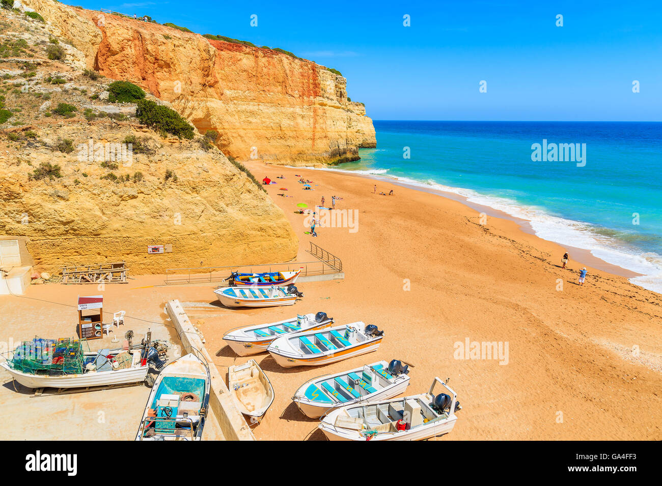 BENAGIL BEACH, PORTUGAL - MAY 11, 2015: fishing boats on Benagil beach, famous coastal village on south of Algarve region. Stock Photo