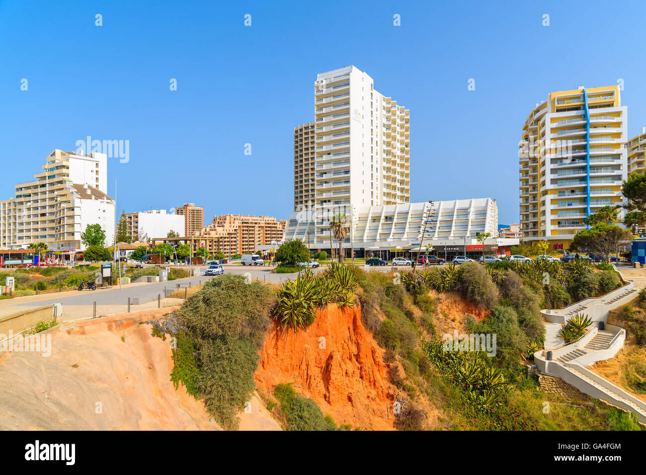 PORTIMAO TOWN, PORTUGAL - MAY 14, 2015: high rise apartment buildings in Portimao town on coast of Protugal. More and more investors from western Europe buy holiday apartments in Algarve region. Stock Photo
