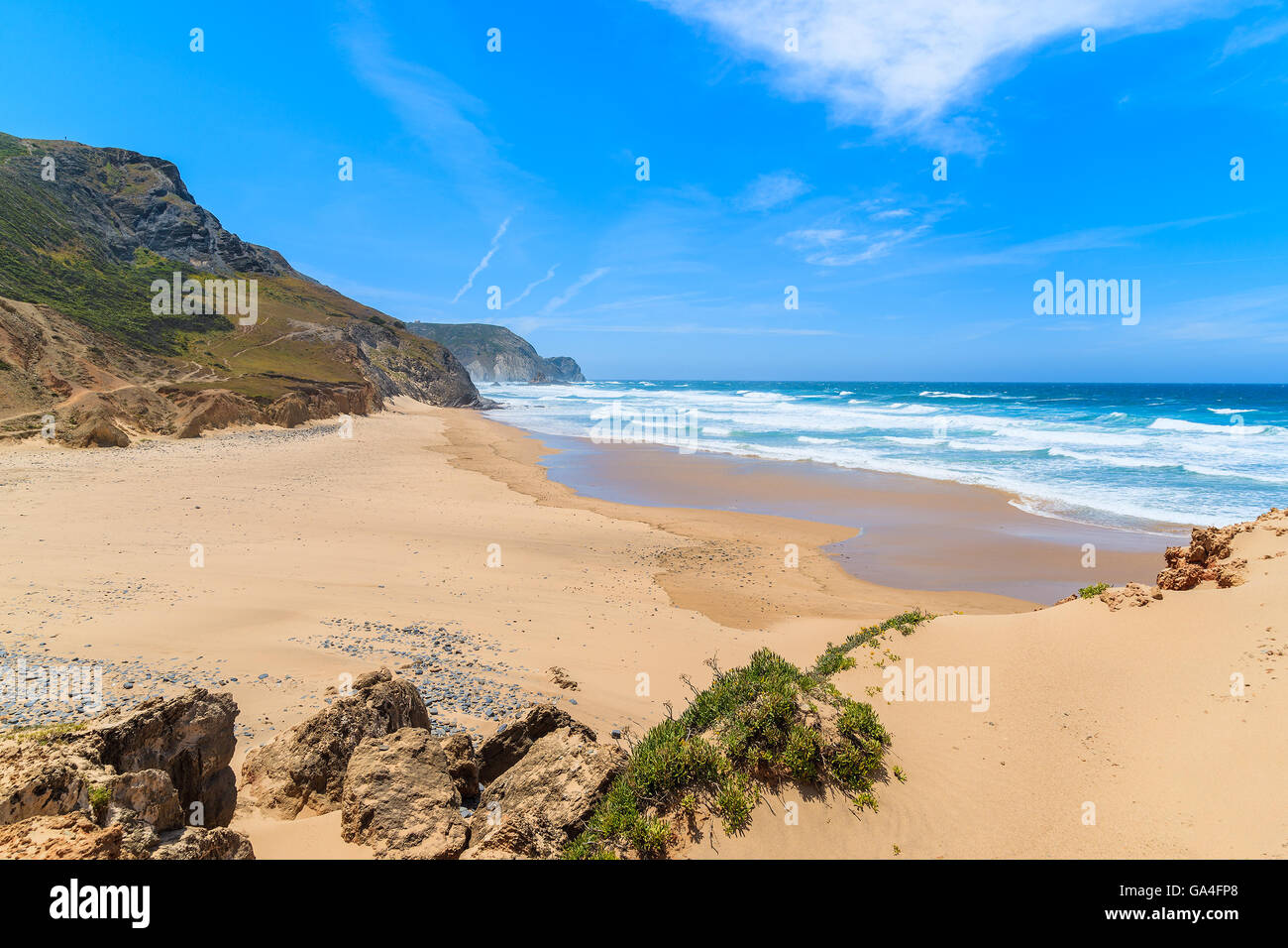 A view of sandy Castelejo beach, famous place for surfing, Algarve region, Portugal Stock Photo