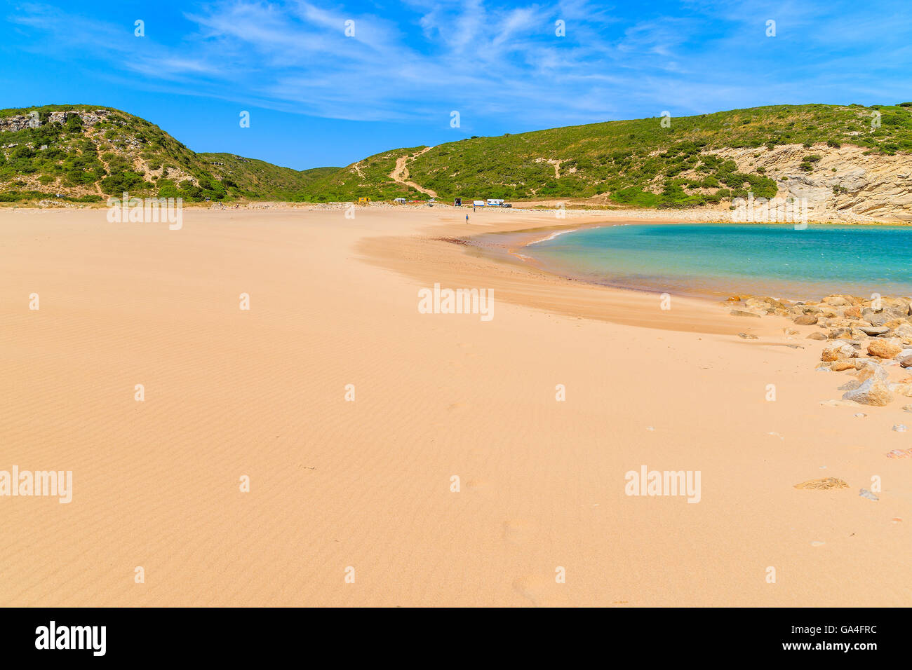 Beautiful bay with sandy Barranco beach, Portugal Stock Photo