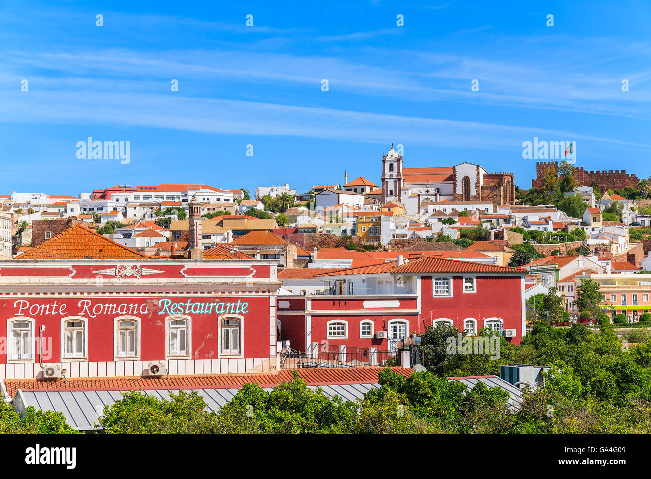 SILVES, PORTUGAL - MAY 17, 2015: restaurant building in Silves town which is famous for best preserved castle in Algarve region and beautiful old cathedral. Stock Photo
