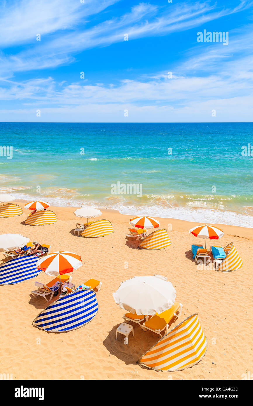 A view of beautiful sandy beach in Armacao de Pera seaside town, Algarve region, Portugal Stock Photo