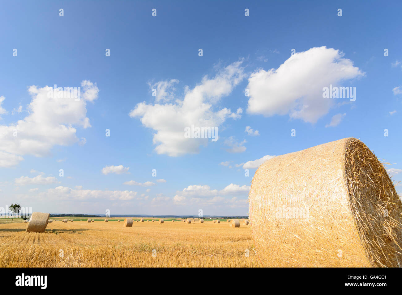 Geras harvested grain fields with straw bales Austria Niederösterreich, Lower Austria Waldviertel Stock Photo