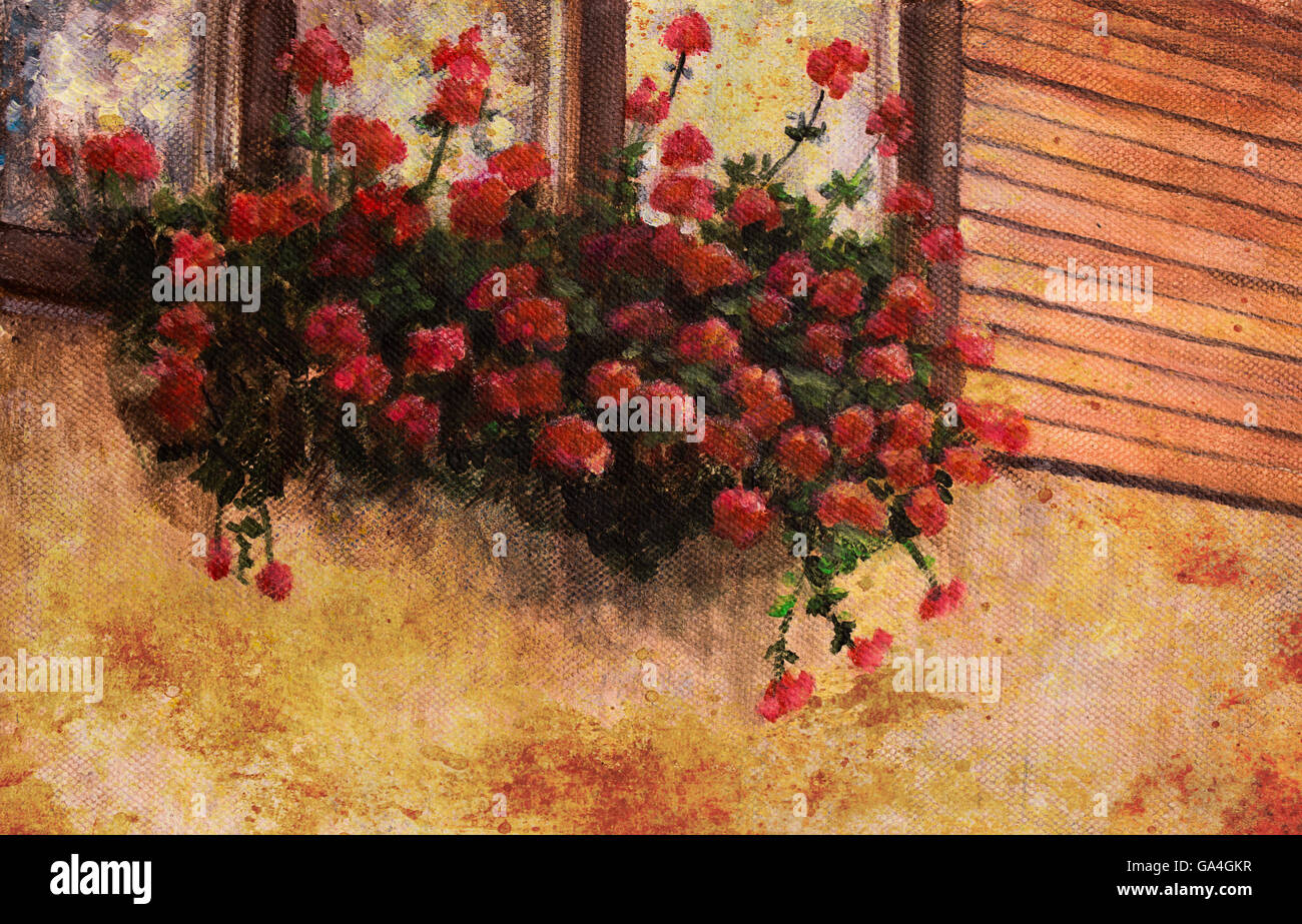 red geranium flower in village house window, painting detail Stock Photo