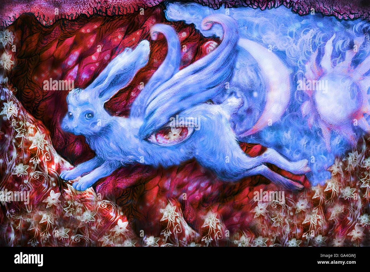 blue flying dreamy rabbit in fairy-tale land, illustration Stock Photo ...