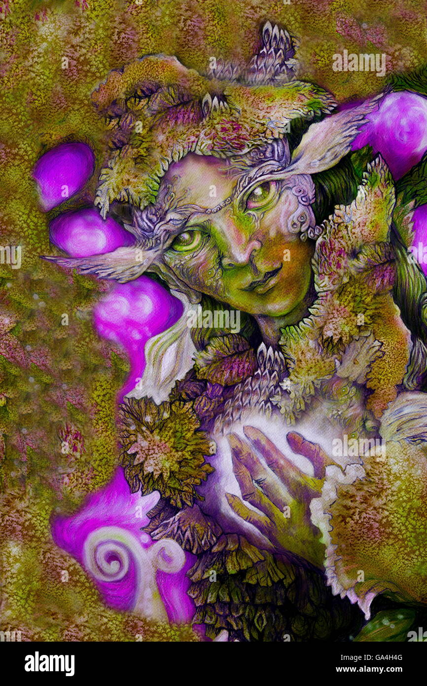green fairy creature painting with detailed abstract structures Stock Photo