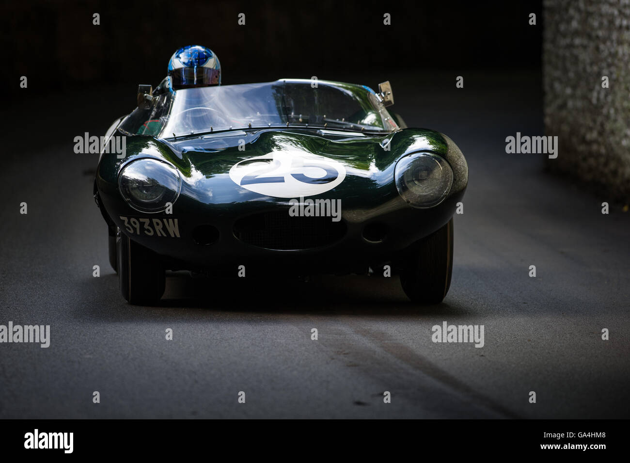 A 1956 Jaguar D-Type Long-Nose drives up the hill at the Goodwood Festival of Speed 2016 Stock Photo