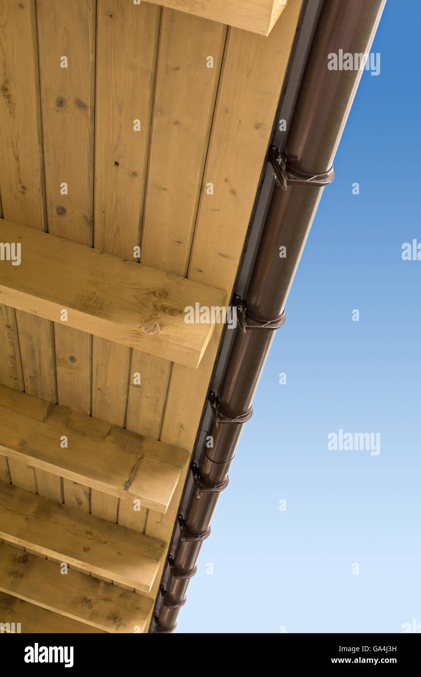 Closeup view of roof with wood rafters and planks Stock Photo