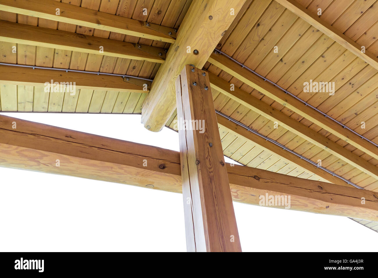 Interior view of a wooden roof structure, rafters and trusses Stock Photo