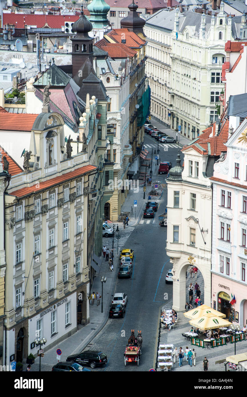 high angle view of street in Prague, Czech Stock Photo