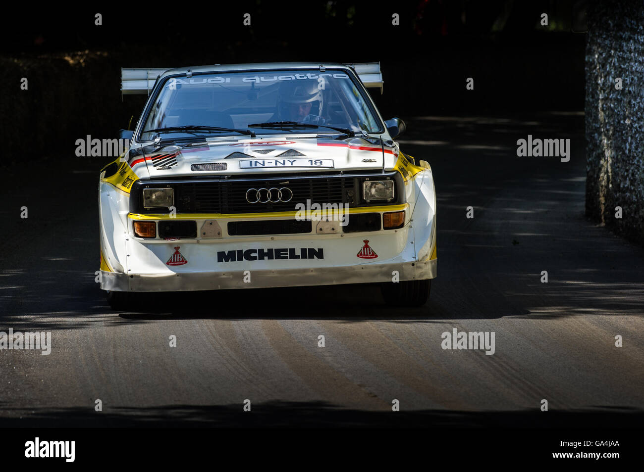David Llewellyn drives the Audi Sport quattro S1 E2 up the hill at the Goodwood Festival of Speed 2016 Stock Photo