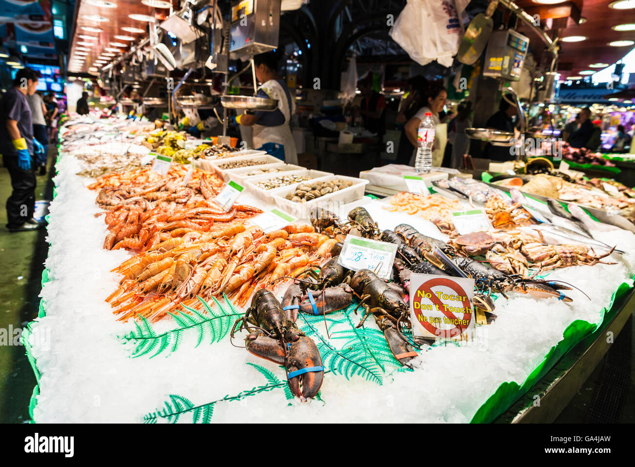 Fish and seafood shop on the market of La Boqueria, next to Les Rambles