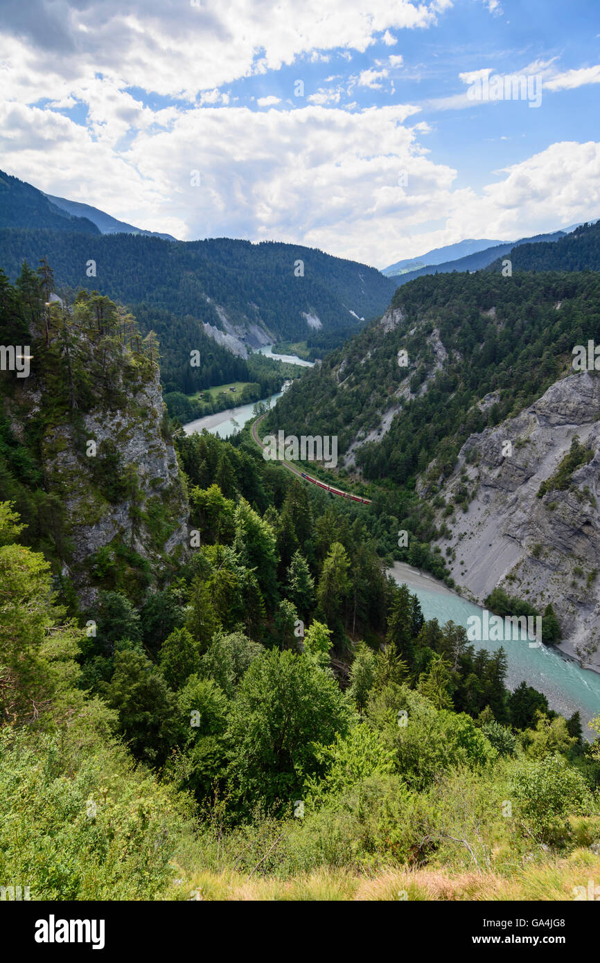 Bonaduz Ruinaulta or Rheinschlucht of river Hinterrhein with a train of ...