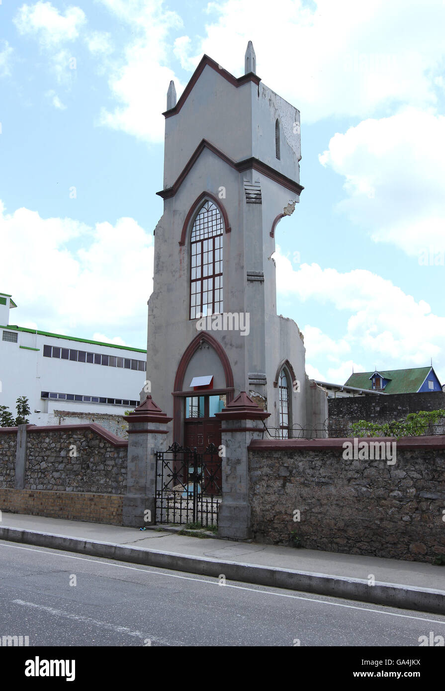 Remnant of demolished Greyfriars Church of Scotland on Frederick Street in Port of Spain, Trinidad. Stock Photo