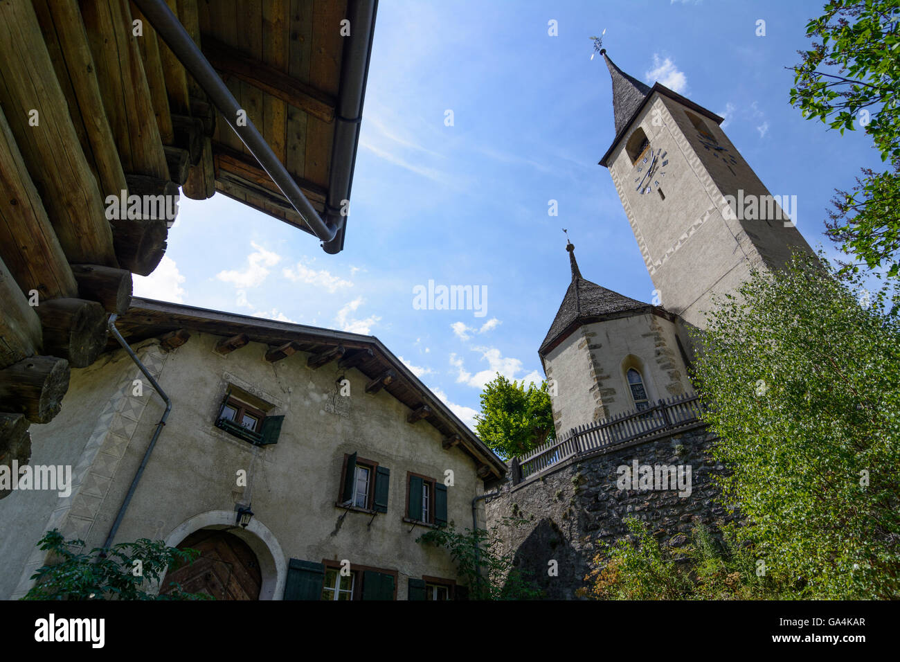 Filisur House in the Engadine style and the Reformed Church Switzerland Graubünden, Grisons Albula Stock Photo