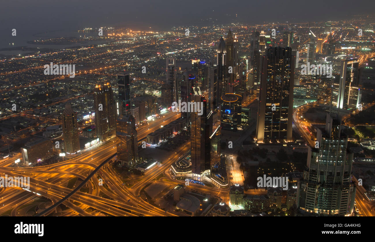 Night-time view of downtown Dubai from Burj Khalifa Stock Photo