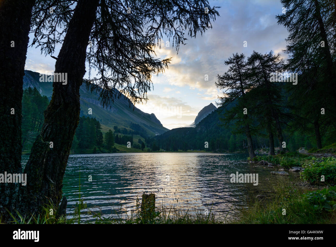 Preda Palpuognasee lake ( Lai da Palpuogna ) at sunrise Switzerland Graubünden, Grisons Albula Stock Photo