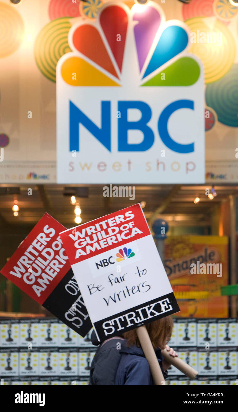 Writers' Guild of America members picket outside NBC Studios at the