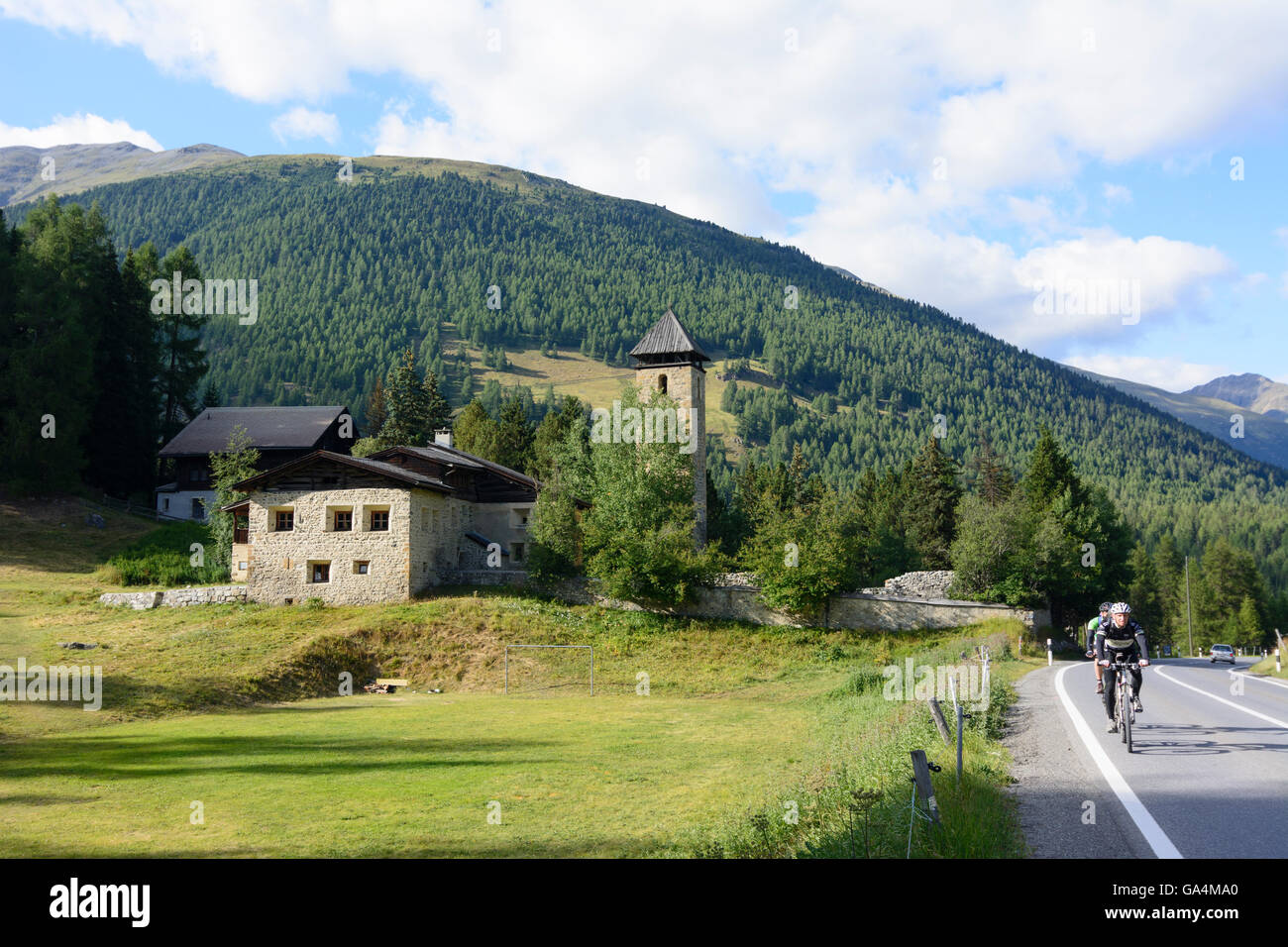 S-chanf Tower and ruins of the former hospice Chapella Via Valtellina Switzerland Graubünden, Grisons Oberengadin, Upper Engadin Stock Photo