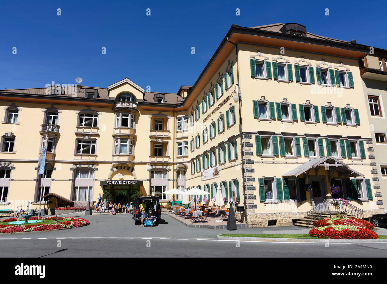 Tarasp Hotel Schweizerhof in Vulpera Switzerland Graubünden, Grisons Unterengadin, Lower Engadine Stock Photo