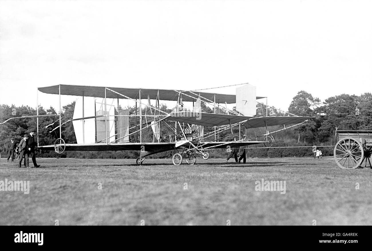 The plane used by Colonel Samuel Cody for the first British powered flight is prepared for take off. The flight lasted 27 seconds and covered a distance of 1,390ft over Farnborough Common. Stock Photo