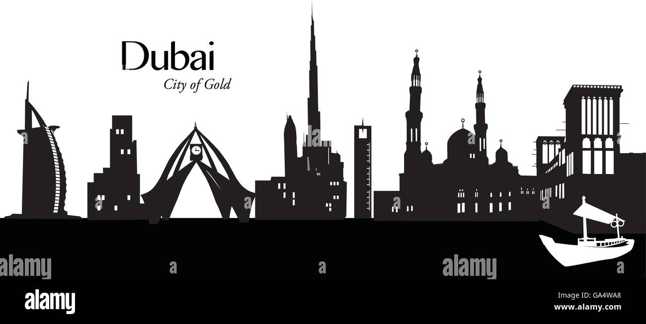 Silhouetted vector illustration of the skyline of Dubai Stock Vector