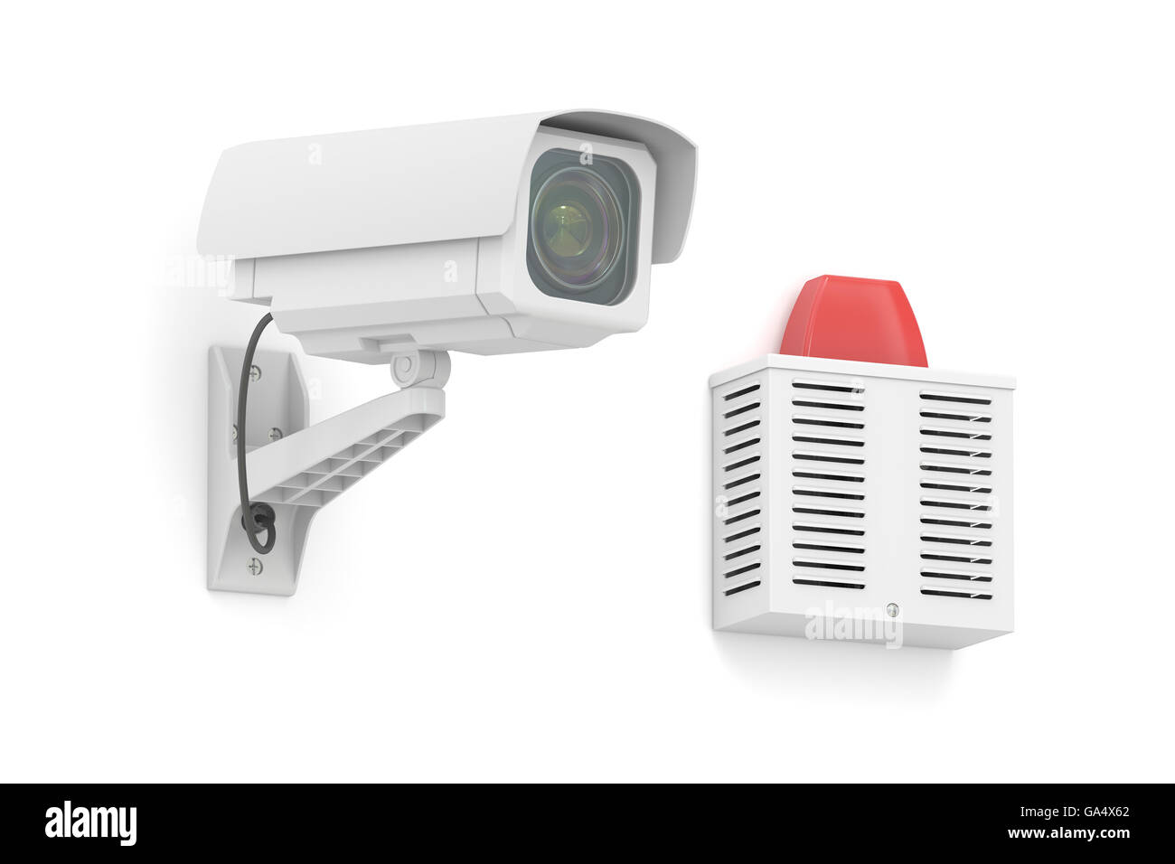 Security surveillance camera with outdoor alarm siren , 3D rendering isolated on white background Stock Photo