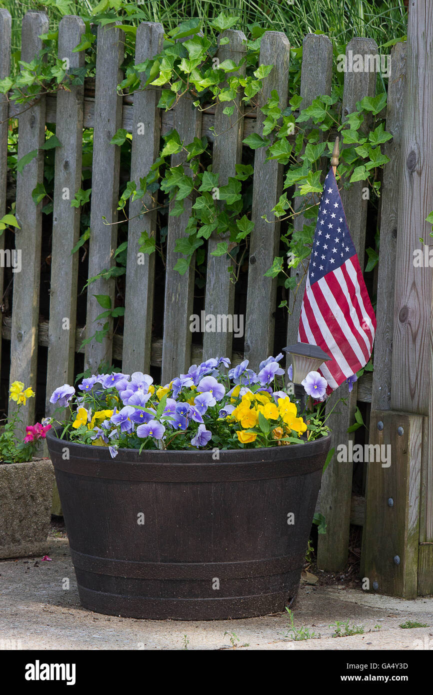An American flag in a flower pot on July 4th 2016 Stock Photo