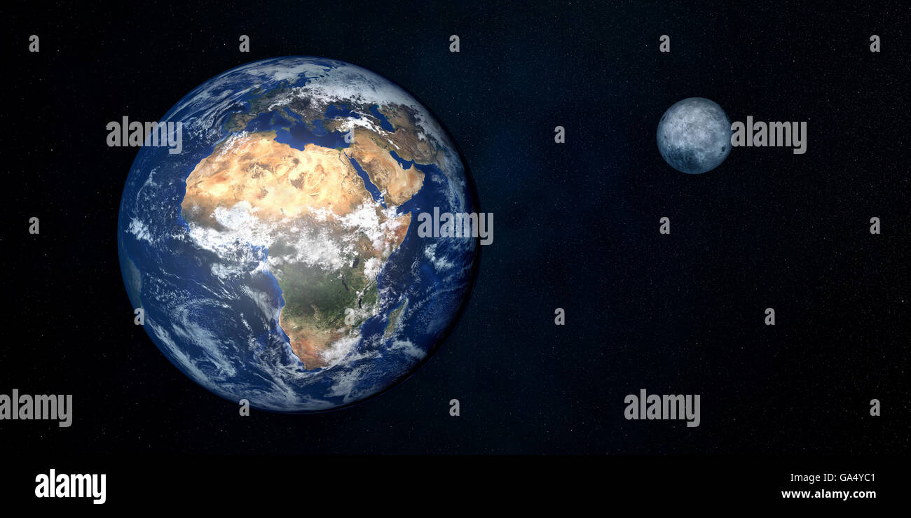 Extremely detailed 3D image of earth and moon from outer space with focus on africa Stock Photo