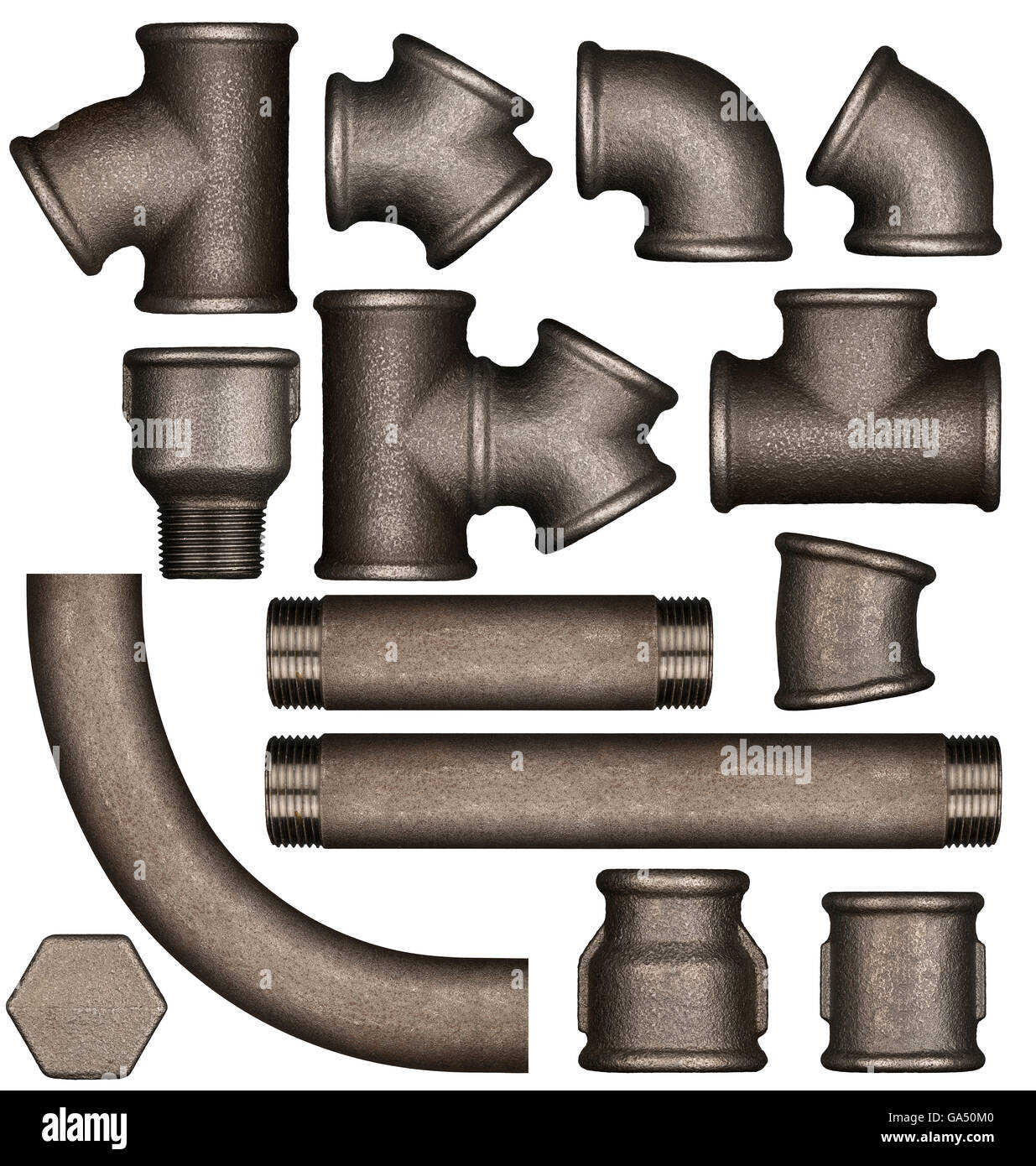 Various metal plumbing pipes and joints set adapted for mockup design. Stock Photo