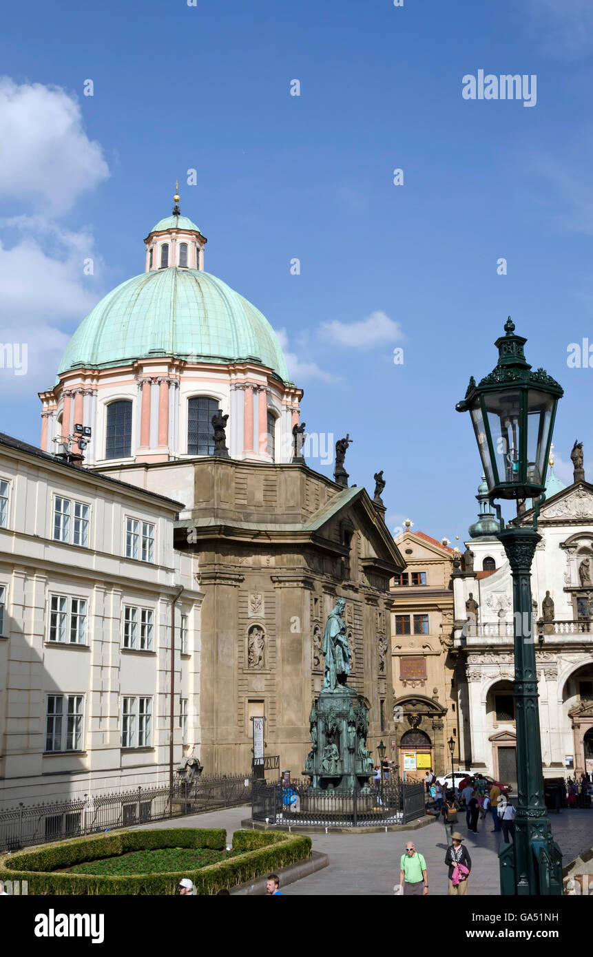 View, looking East, from the Charles Bridge Karlov most in the centre of Prague (Praha) in the Czech Republic. Stock Photo