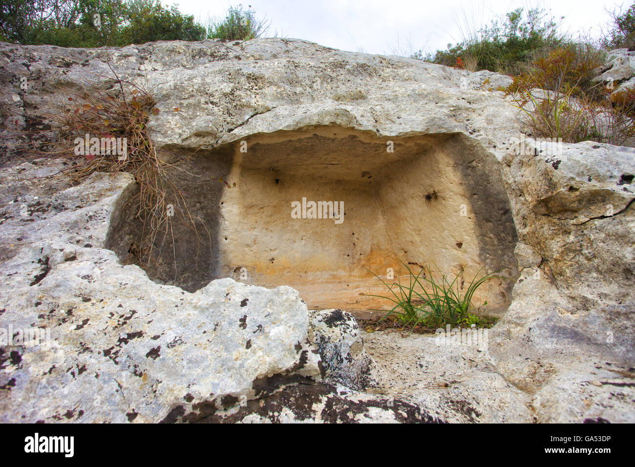 Prehistoric tomb in Noto Ancient (Noto old town). Rock tomb. Sicily