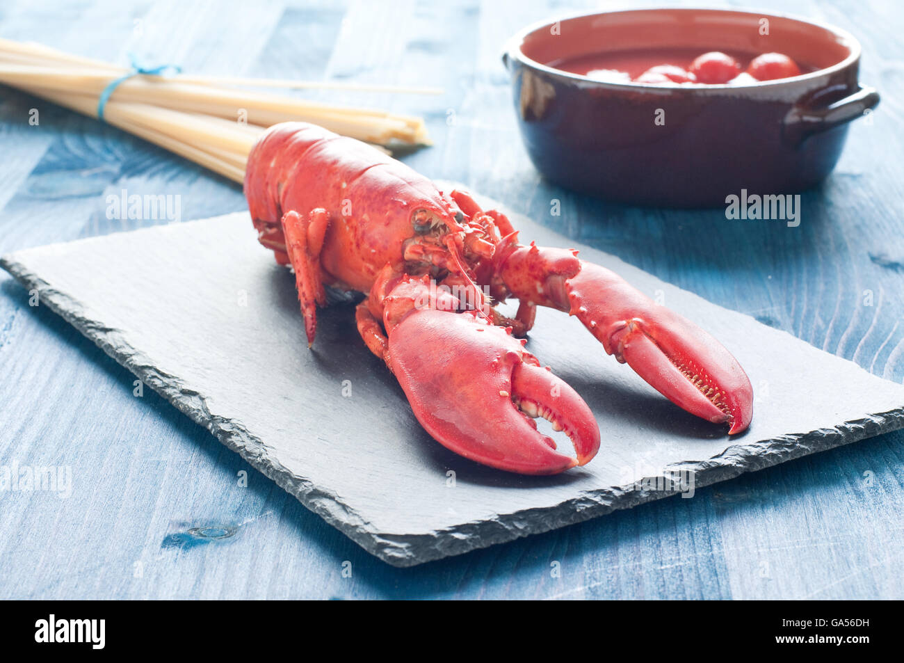 fantastic and fresh lobster ready to be cooked Fantastic background black blue bun cooked crustacean dinner dish focus food fres Stock Photo